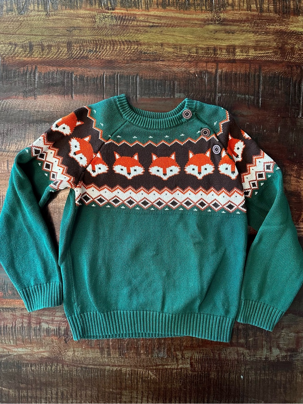 Gymboree Green Crewneck Sweater with Orange Fox Fair Isle